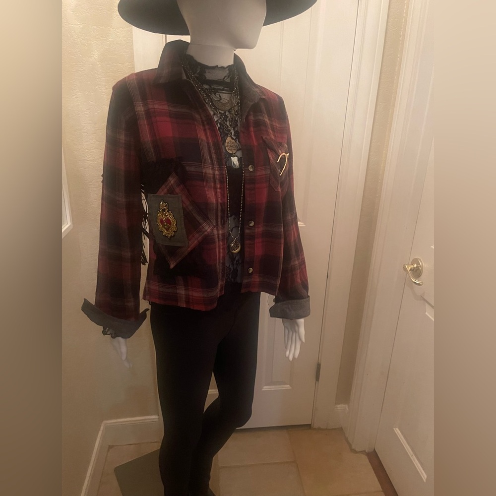 One of a kind custom upcycled plaid jacket (includes NWT Free People brooch) - Picture 7 of 16